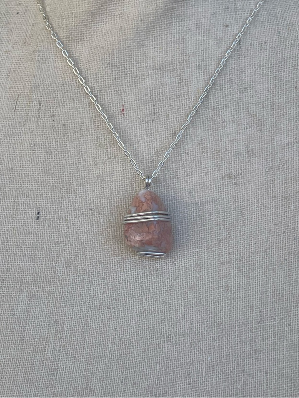 Cotton Candy Agate Wire Wrap Necklace on Silver Tone Chain - Picture 3 of 6